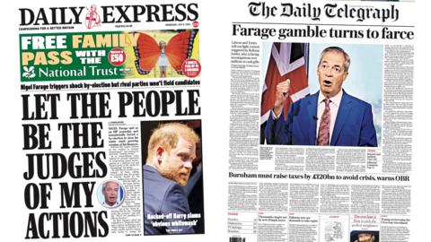 A composite of the front pages of the Daily Express and the Daily Telegraph on 8 July 2026.