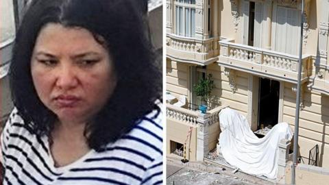 A woman with dark hair and a serious expression is seen in a composite image with the crime scene which is covered by a white blanket