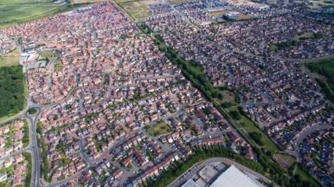 An aerial view of Hull's Kingswood ward, with housing estates and patches of green space.