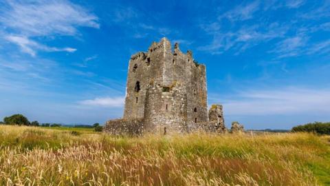 A large stone castle tower in among long grass with a blue sky above