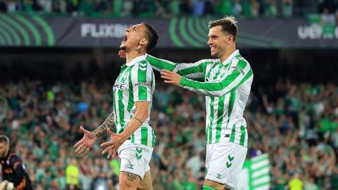 Antony celebrates his goal v Fiorentina with a team-mate