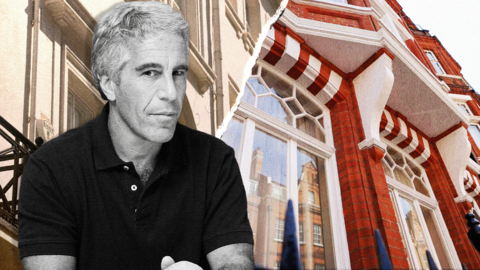 A composite image with a monochrome image of Jeffrey Epstein on the left-hand side, wearing a dark polo shirt and looking sidelong at the camera, while behind him are images of two London flats, one showing the facade of a red-brick Edwardian mansion flat and the other showing the windows of white stucco building.