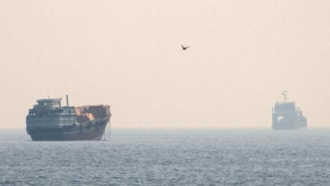 Vessels at the Strait of Hormuz, as seen from Musandam, Oman.
