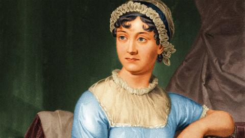 Illustration of Jane Austen sitting at a writing desk