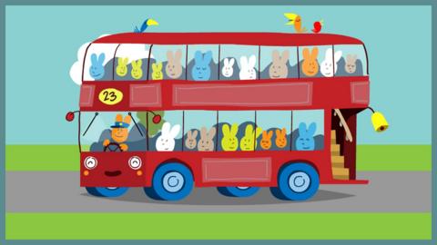 An illustration of a cartoon bus filled with bunny rabbits.