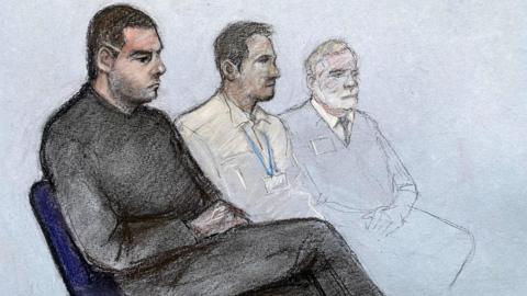 Court artist sketch by Elizabeth Cook of Deividas Skebas (left) appearing at Lincoln Crown Court. There are two court officials sitting next to him.