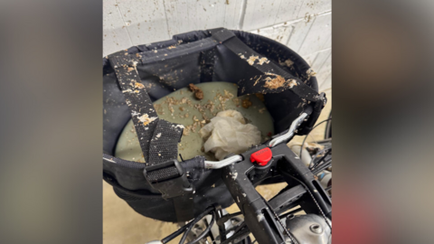 A picture of a bike with raw sewage covering it. 