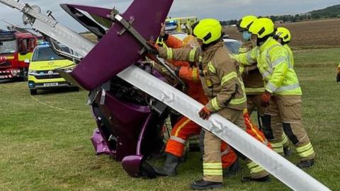The crashed gyrocopter at Beccles Airfield