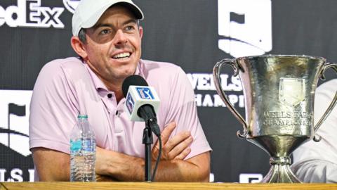 Rory McIlroy with the trophy after winning the Wells Fargo Championship at Quail Hollow for a fourth time in 2024