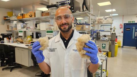 Dr Sherif Elsharkawy wearing blue gloves, white lab jacket and goggles, holds two clumps of blond hair in a laboratory