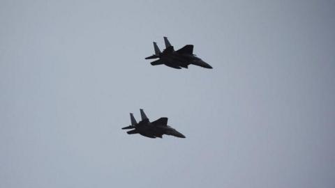 Two of South Korean Air Force's F-15K fighter jets flying during a celebration to mark 76th anniversary of Korea Armed Forces Day in Seongnam in 2024