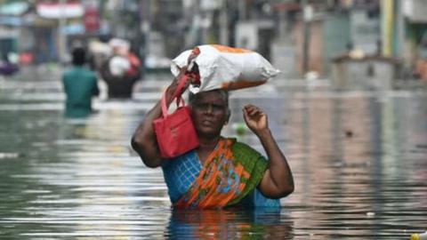 A woman wades through flooded road in Chennai