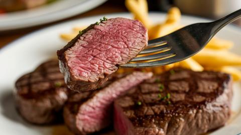 Close up of a rare-cooked steak, with a fork lifting one mouthful