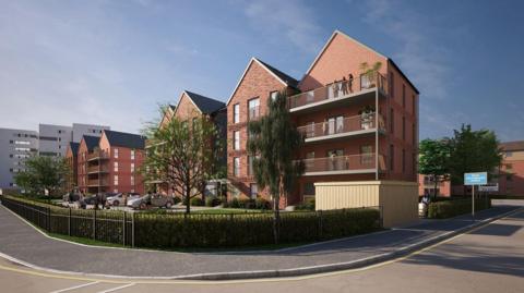 A computer-generated image shows what the new council homes could look like on the former Duke of York pub development site at Heath Town