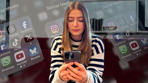 Hannah Walsh sits on a sofa holding an iphone. She is in colour, but the background is washed out in back and white. There is an overlay of three mobile phone screens showing social media apps. She is wearing a black and white striped top. 