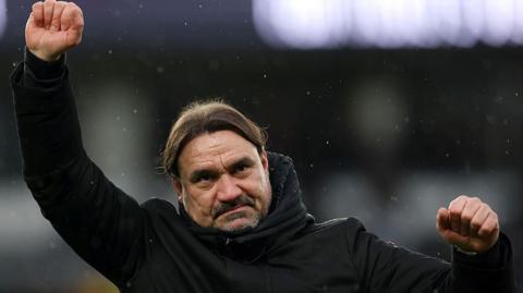 Leeds boss Daniel Farke celebrates his side's win at Derby County