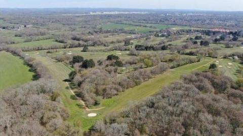 an areal view of patches of green land criss-crossing through dense areas of woodland, with many treetops visible. The grey sea can just be seen on the horizon, next to a grey sky.