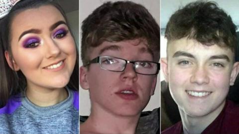 A composite image of three young people. One the left is a young girl, Lauren Bullock - she is smiling and has purple eye shadow and is wearing a purple and grey athletic top. In the middle is Morgan Barnard - he has wavy fair hair and glasses. On the right is Connor Currie, he has wavy dark hair and is smiling broadly. He is wearing a red top.