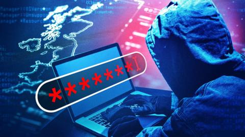 A person wearing a hooded jacket and gloves is sitting at a laptop, typing. The screen of the laptop displays a password field filled with red asterisks. The background shows a digital map of Europe and various lines of code, suggesting themes of hacking or cybersecurity.