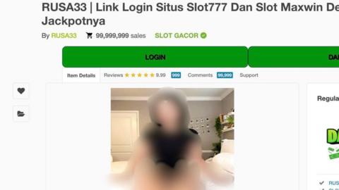 A desktop browser screenshot showing an Indonesian-language gambling-style webpage titled “RUSA33.” The page features navigation menus, large green “Login” and “Daftar” buttons, sales and rating indicators, pricing information, and a blurred promotional image of a woman within the main content area.