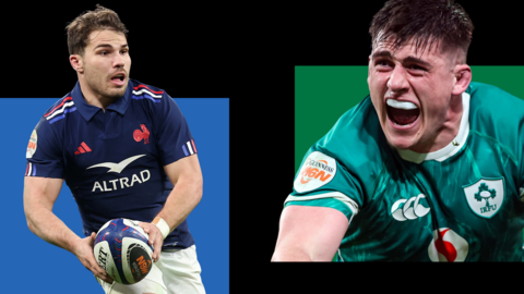 Split image of Antoine Dupont of France and Dan Sheehan of Ireland