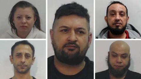 Five police mugshots of the grooming gang, four men and a woman: Alexandra Bugonea (top left), Cataline Dobre (bottom left), Cristian Urlateanu (top right), Remus Stan (bottom right) and ringleader Marian Cumpanasoiu (centre).