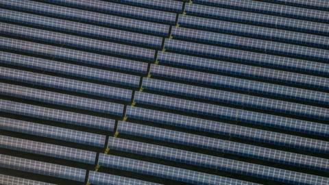 Aerial view of solar panels at a large solar farm