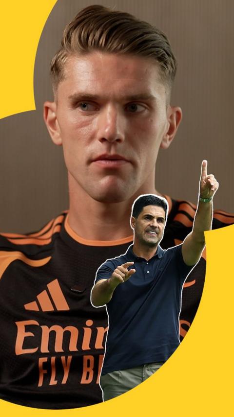 Viktor Gyokeres with a photo of Mikel Arteta pointing