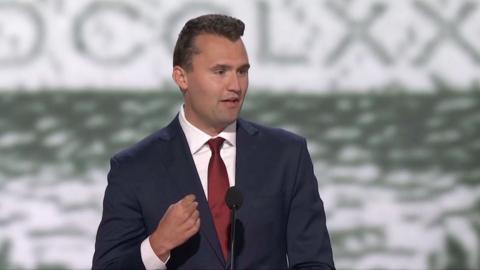 Charlie Kirk on stage during a speech at the Republican National Convention in 2024