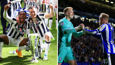Side-by-side images of Jed Wallace celebrating with Mahlon Romeo with the League One play-off trophy in 2017 and Barry Bannan wishing goalkeeper Cameron Dawson well in Sheffield Wednesday's penalty shootout against Peterborough United in 2023