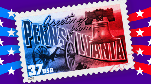 An image of a blue and red-tinted postage stamp over a purple background with white stars and red and blue stripes. The stamp features the Liberty Bell and a cannon from the American civil war. An inscription reads 'Greetings from Pennsylvania'.