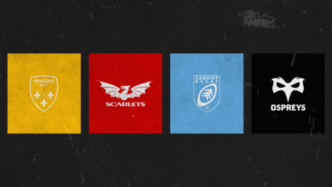 The crests of Dragons, Scarlets, Cardiff and Ospreys