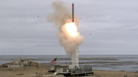 Pentagon handout photo of the missile launch on San Nicolas Island on 18 August 2019