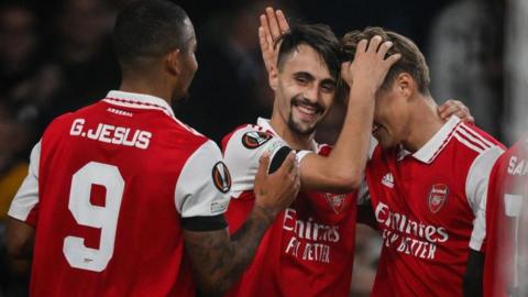 Fabio Vieira celebrates for Arsenal