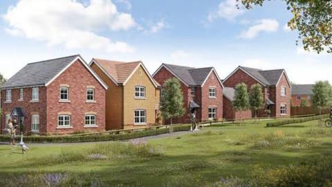 CGI images of how new development in Houghton ward could look. The detached homes are red and white bricked with sash windows. There is green space in front of the homes.
