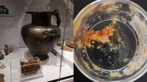 A composite image shows two images side by side. The image on the left is a large bronze coloured jar encased in glass for an exhibition. It has an ornate handle on the right hand side and a bar handle at the front. There is a clear box in front of it containing some of the orange-brown residue found inside it. The image on the right is a close-up of the orange looking residue in a glass jar.