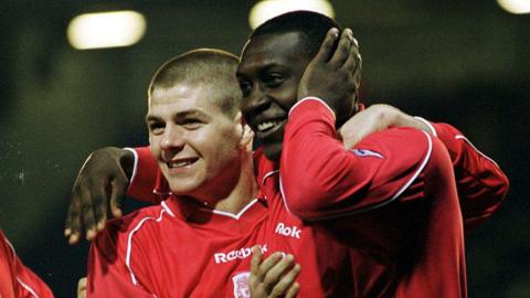 Steven Gerrard and Emile Heskey celebrate a goal in Liverpool's win over Ipswich in 2001