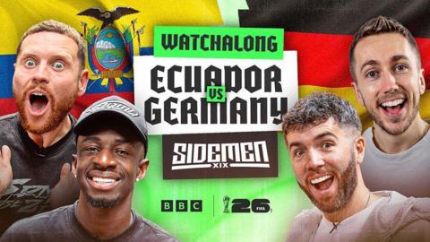 Promotional poster of YouTubers and Sidemen Tobi, Simon, Ethan and Josh for Ecuador v Germany watch-along on the BBC