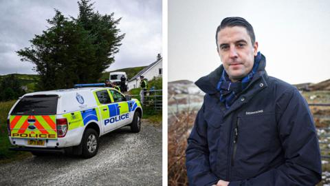 A composite image of a police vehicle on Skye and ˿ reporter Iain Macinnes