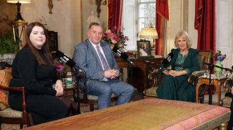 Amy Hunt, John Hunt  and Queen Camilla in Clarence House