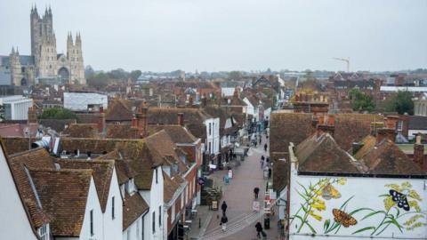 The old centre of Canterbury, as seen from above on a grey day. The cathedral can be seen to the left of the image.