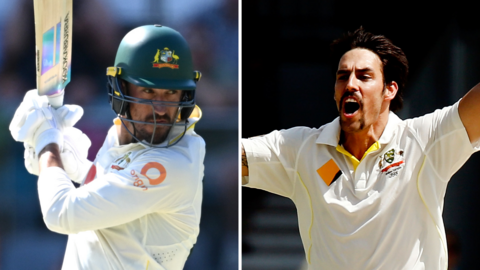 A split images of Mitchell Starc batting and Mitchell Johnson in the aftermath of bowling a delivery