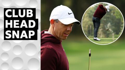 Rory McIlroy reacts to his club head snapping