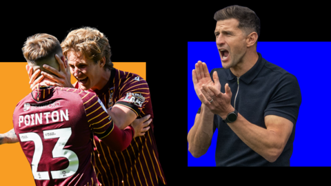 Bradford's Bobby Pointon and Tommy Leigh celebrate while Portsmouth boss John Mousinho delivers instructions to his team