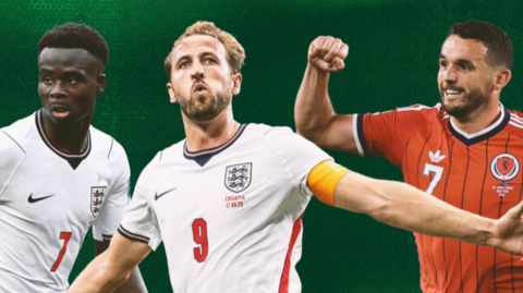 Composite of footballers Saka, Kane and McGinn