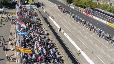 View of spectators on the TT grandstand from above