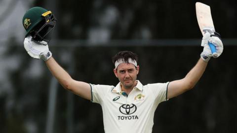 Kurtis Patterson celebrates after completing his century for Australia A against England A