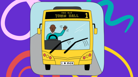 An illustration of a man driving a bus, resembling the yellow busses seen in Manchester.