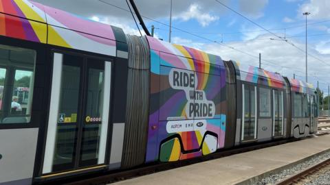 Nottingham tram with Pride decorations