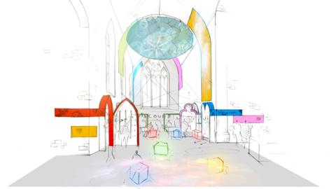 An artist's impression of the new family-friendly attraction, which shows colourful blocks inside a church building, with a large dome suspended from the ceiling. 